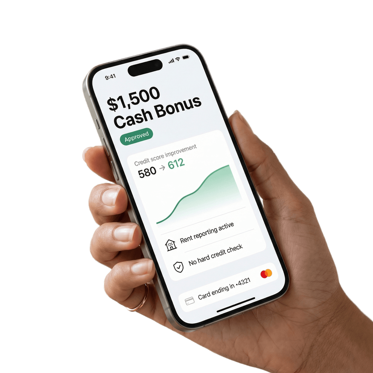 Hand holding phone showing $1,500 cash bonus approved and credit score improving